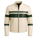 Men’s Cream Green Stripe Moto Leather Jacket
