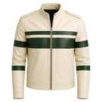 Men’s Cream Green Stripe Moto Leather Jacket