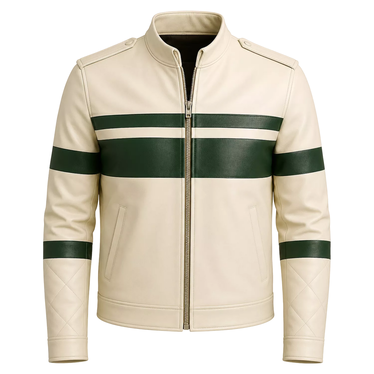 Men’s Cream Green Stripe Moto Leather Jacket