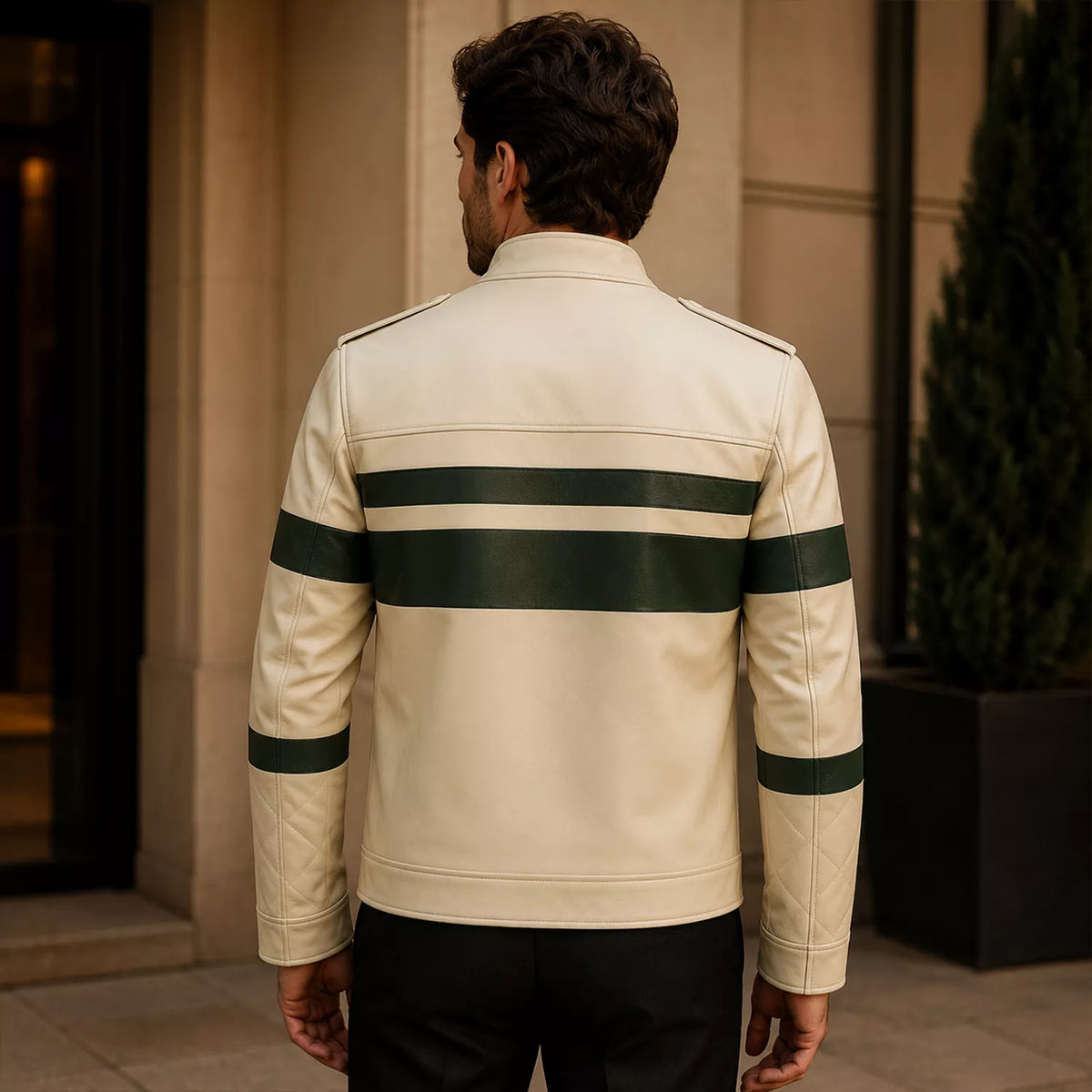Men’s Cream Green Stripe Moto Leather Jacket