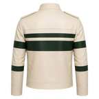 Men’s Cream Green Stripe Moto Leather Jacket
