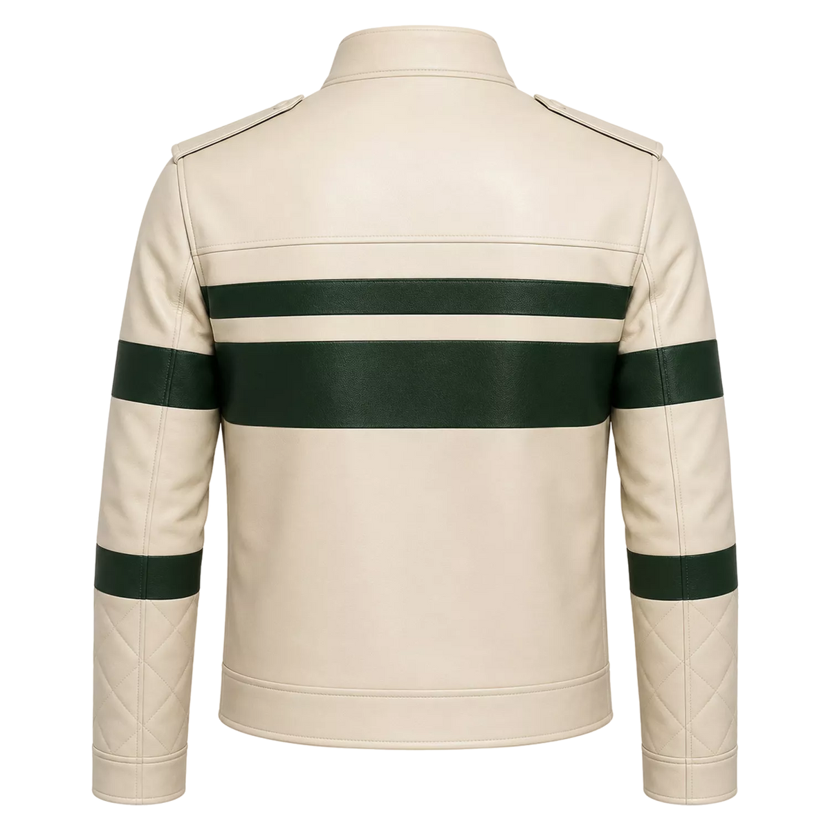 Men’s Cream Green Stripe Moto Leather Jacket
