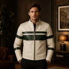 Men’s Cream Green Stripe Moto Leather Jacket
