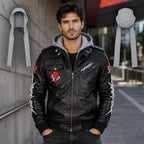 Men’s Cyberpunk Hooded Leather Jacket | Graphic Biker Style