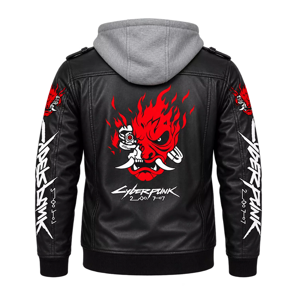 Men’s Cyberpunk Hooded Leather Jacket | Graphic Biker Style