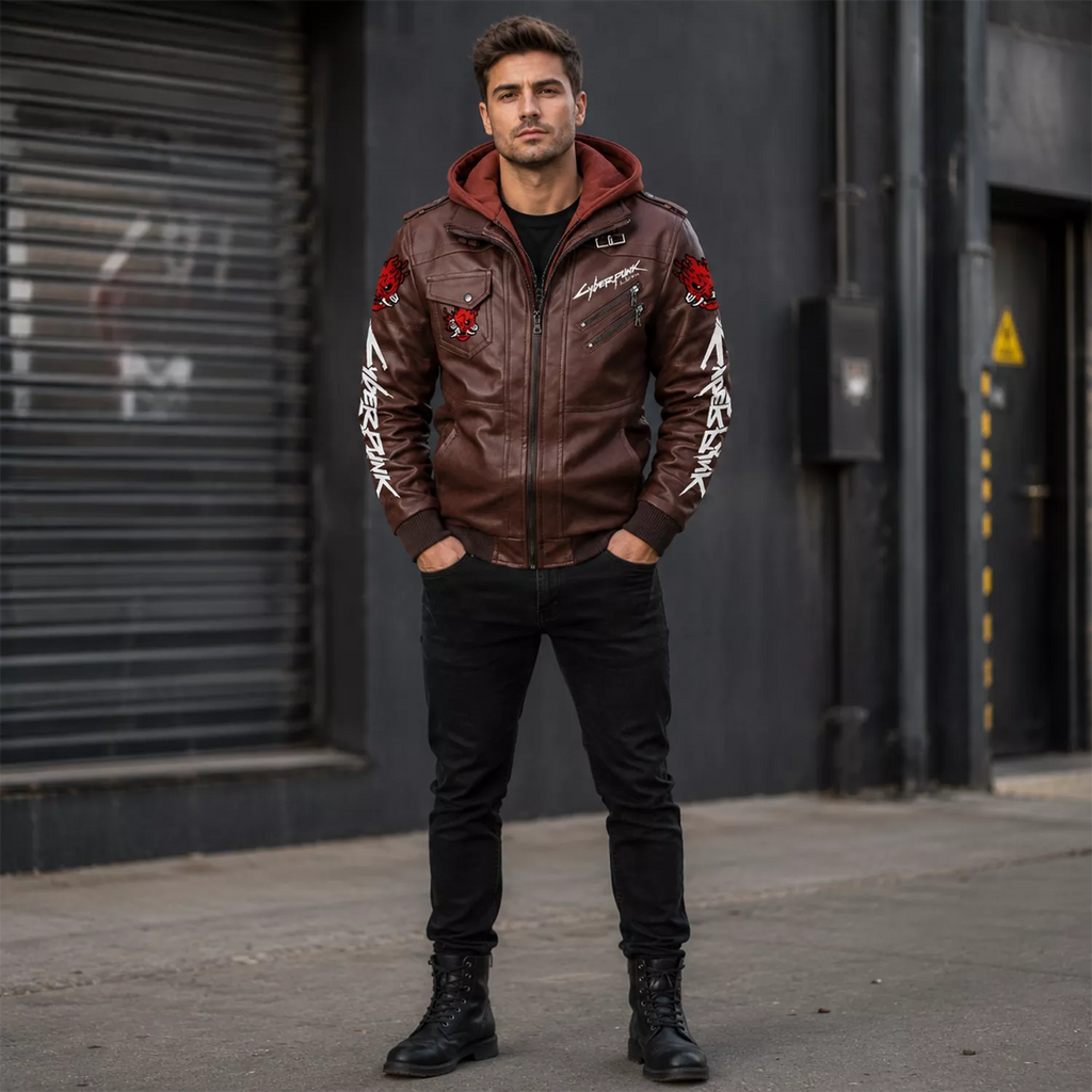 Men’s Cyberpunk Hooded Leather Jacket | Graphic Biker Style