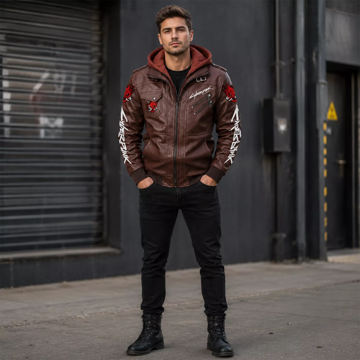 Men’s Cyberpunk Hooded Leather Jacket | Graphic Biker Style
