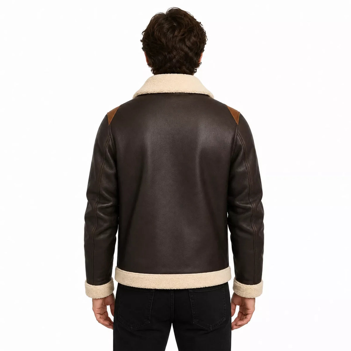 Men’s Dark Brown Cream Shearling Leather Bomber Jacket