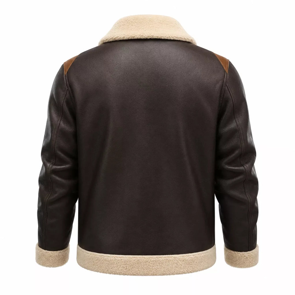 Men’s Dark Brown Cream Shearling Leather Bomber Jacket
