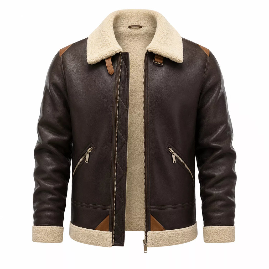 Men’s Dark Brown Cream Shearling Leather Bomber Jacket