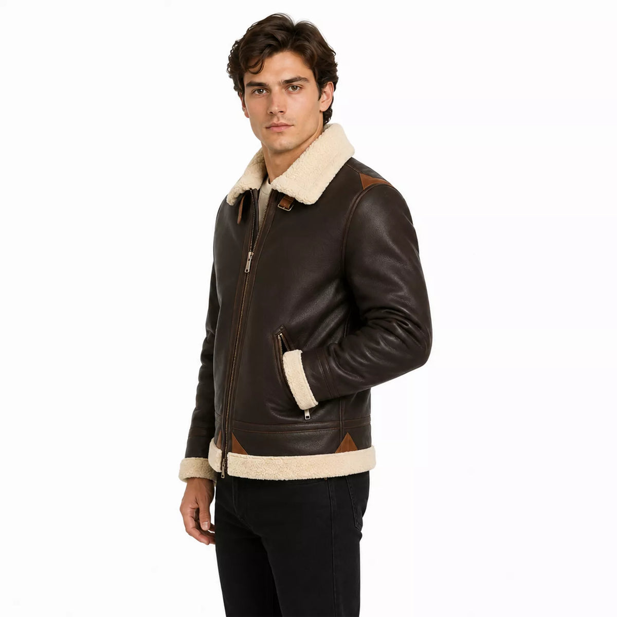 Men’s Dark Brown Cream Shearling Leather Bomber Jacket
