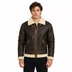 Men’s Dark Brown Cream Shearling Leather Bomber Jacket