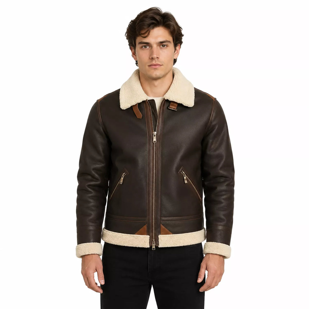 Men’s Dark Brown Cream Shearling Leather Bomber Jacket