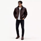 Men’s Dark Brown Leather Bomber Jacket | Zip-Up Snap Button Jacket
