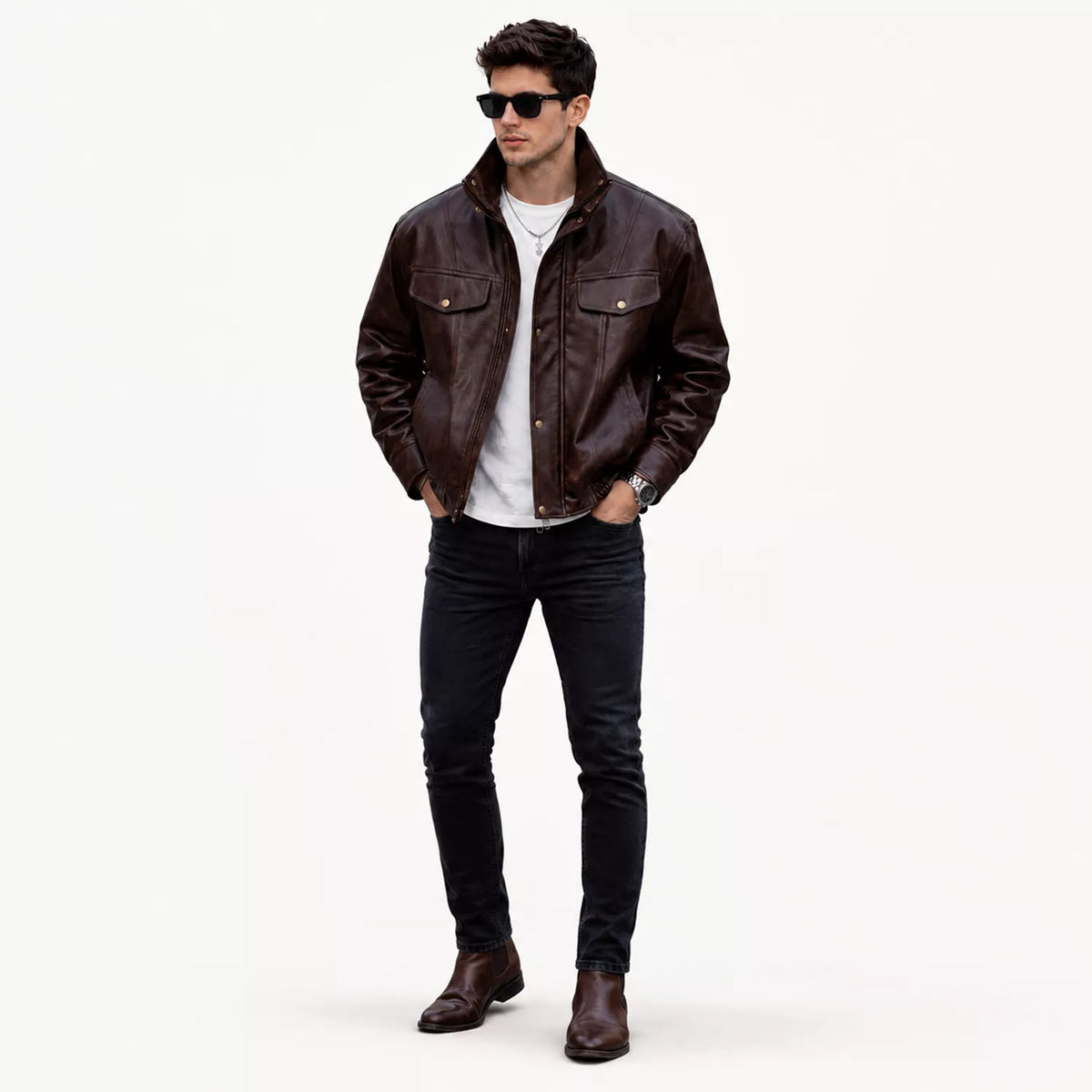 Men’s Dark Brown Leather Bomber Jacket | Zip-Up Snap Button Jacket