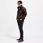Men’s Dark Brown Leather Bomber Jacket | Zip-Up Snap Button Jacket