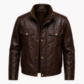 Men’s Dark Brown Leather Bomber Jacket | Zip-Up Snap Button Jacket