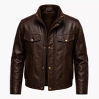 Men’s Dark Brown Leather Bomber Jacket | Zip-Up Snap Button Jacket