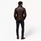 Men’s Dark Brown Leather Bomber Jacket | Zip-Up Snap Button Jacket