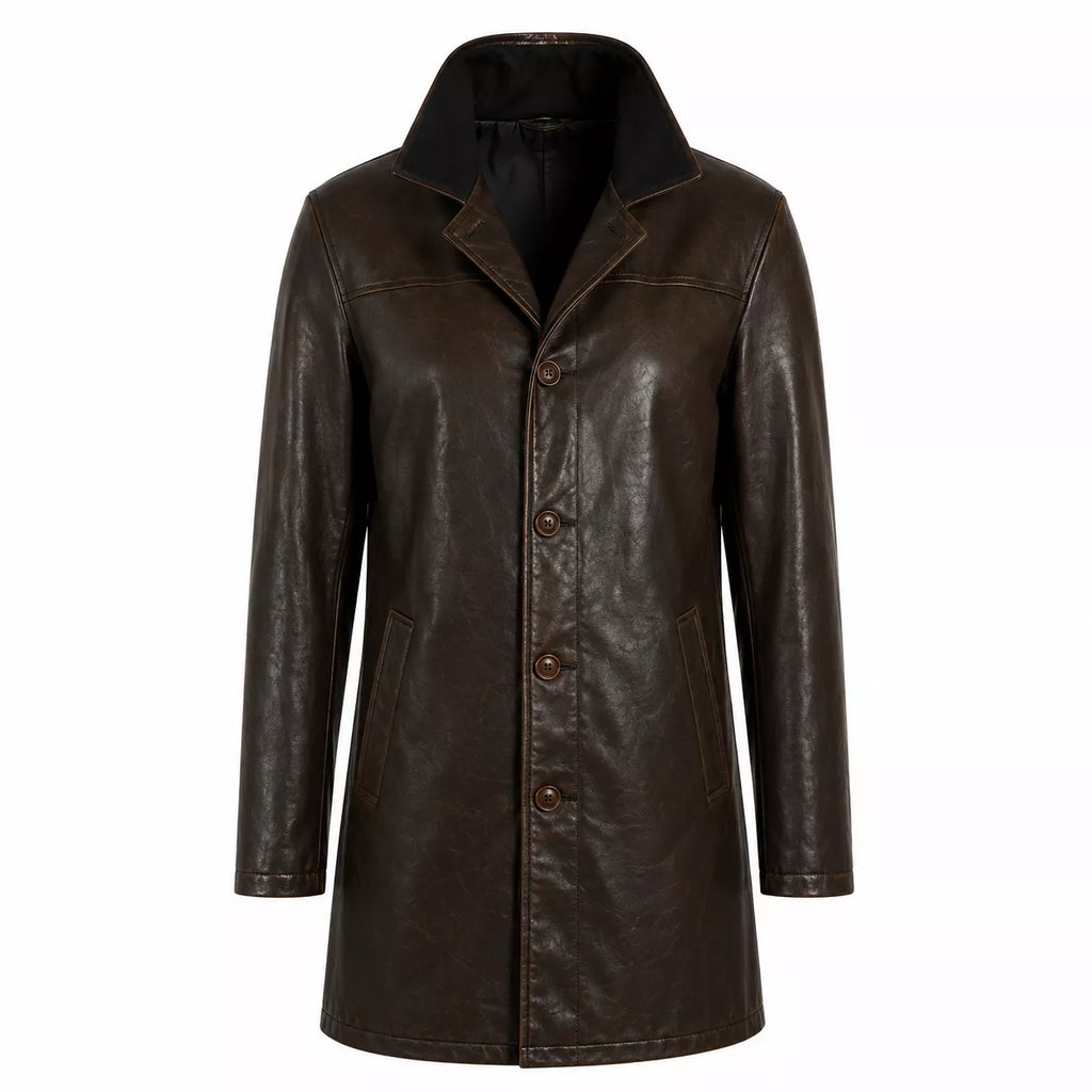 Men’s Dark Brown Leather Car Coat | Classic Long Jacket