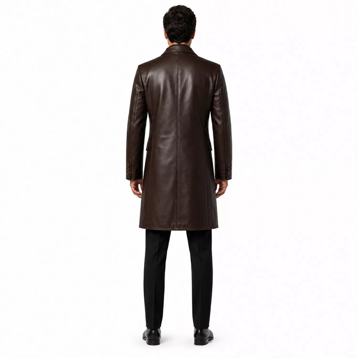 Men’s Dark Brown Leather Double-Breasted Coat | Tailored Longline Trench