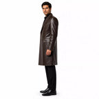 Men’s Dark Brown Leather Double-Breasted Coat | Tailored Longline Trench
