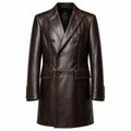Men’s Dark Brown Leather Double-Breasted Coat | Tailored Longline Trench