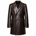 Men’s Dark Brown Leather Double-Breasted Coat | Tailored Longline Trench