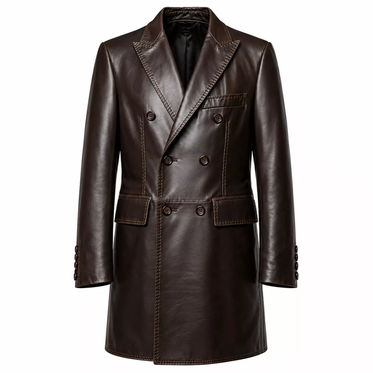 Men’s Dark Brown Leather Double-Breasted Coat | Tailored Longline Trench