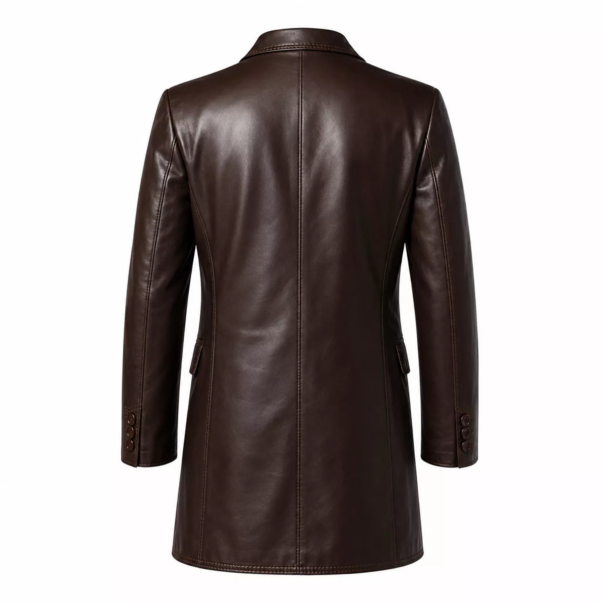 Men’s Dark Brown Leather Double-Breasted Coat | Tailored Longline Trench