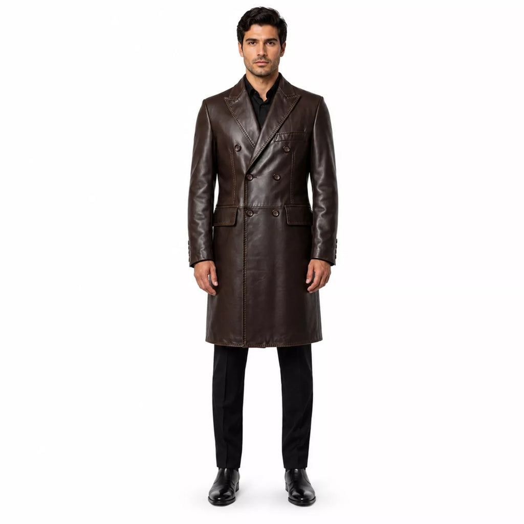 Men’s Dark Brown Leather Double-Breasted Coat | Tailored Longline Trench