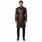 Men’s Dark Brown Leather Double-Breasted Coat | Tailored Longline Trench
