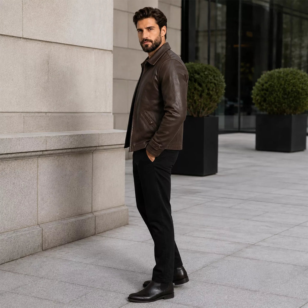 Men’s Dark Brown Leather Jacket | Classic Zip Style