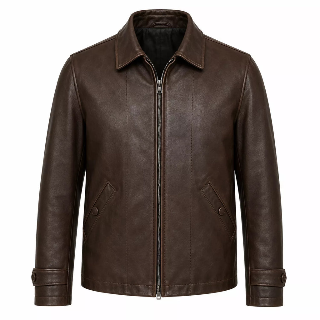 Men’s Dark Brown Leather Jacket | Classic Zip Style