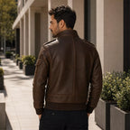 Men’s Dark Brown Leather Utility Racer Jacket | Multi-Pocket Zip-Up Bomber