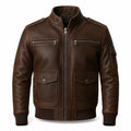 Men’s Dark Brown Leather Utility Racer Jacket | Multi-Pocket Zip-Up Bomber