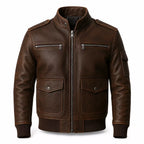 Men’s Dark Brown Leather Utility Racer Jacket | Multi-Pocket Zip-Up Bomber