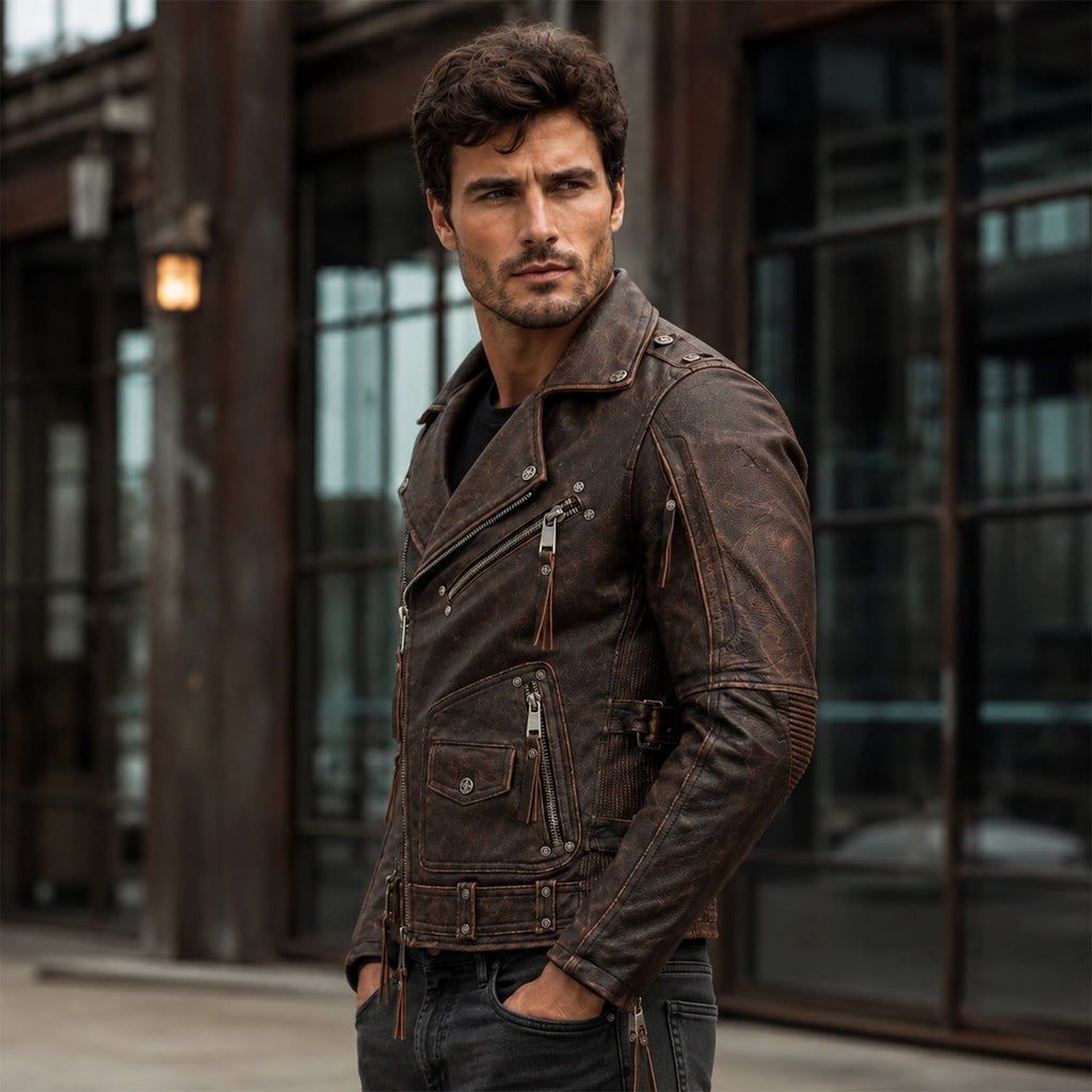 Men’s Distressed Brown Vintage Biker Leather Jacket | Asymmetric Moto Jacket