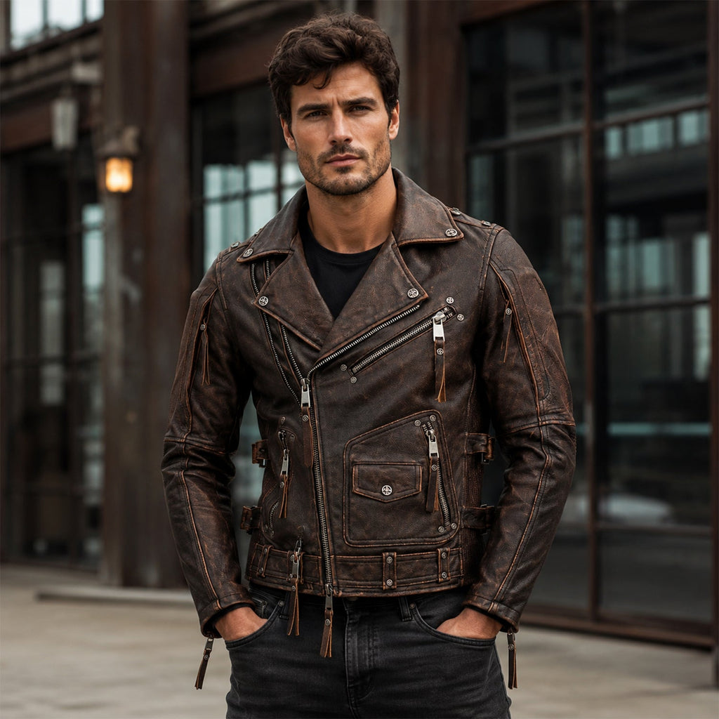 Men’s Distressed Brown Vintage Biker Leather Jacket | Asymmetric Moto Jacket