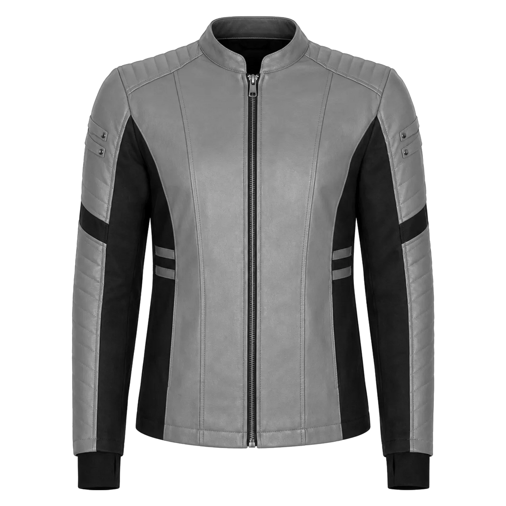 Men’s Grey Black Leather Moto Jacket | Zip-Up Biker Style Jacket