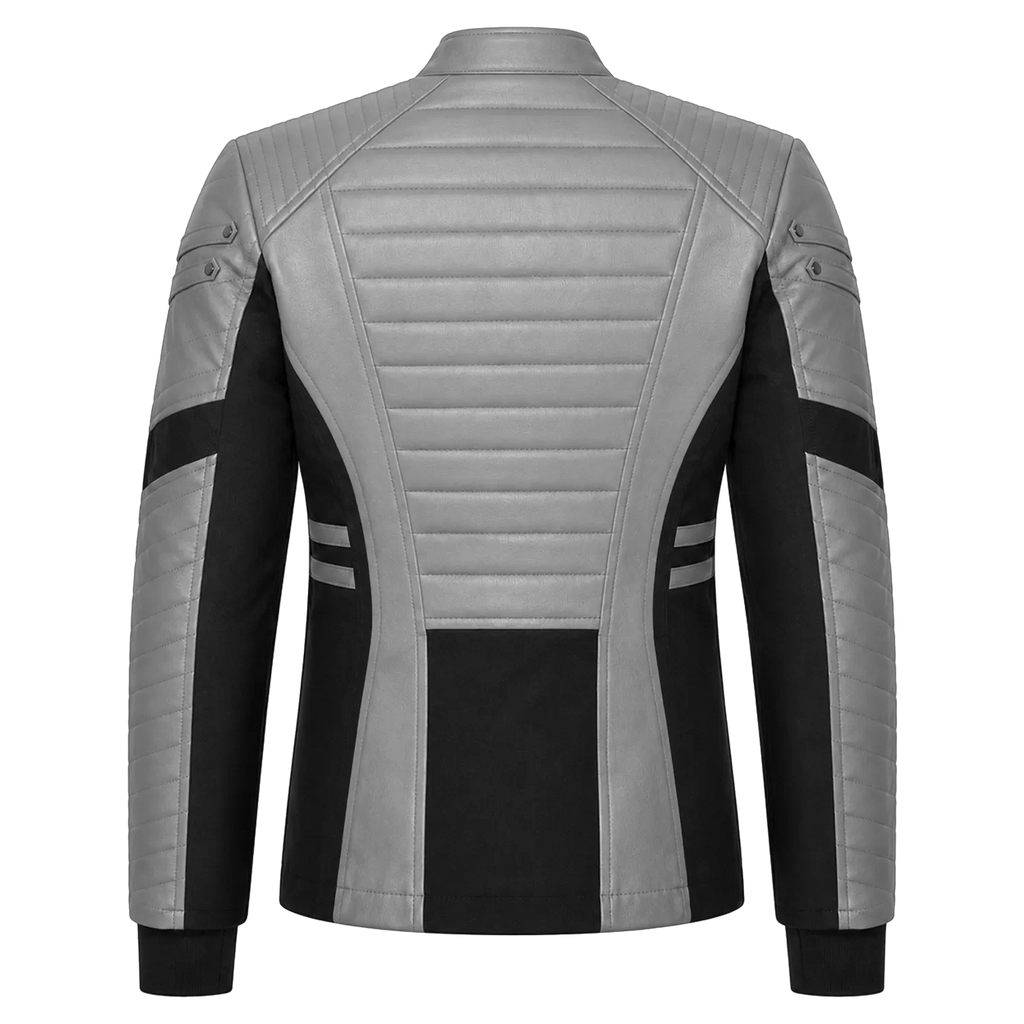 Men’s Grey Black Leather Moto Jacket | Zip-Up Biker Style Jacket