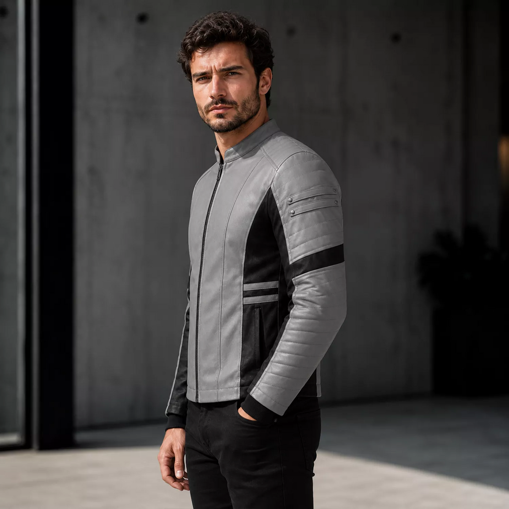 Men’s Grey Black Leather Moto Jacket | Zip-Up Biker Style Jacket