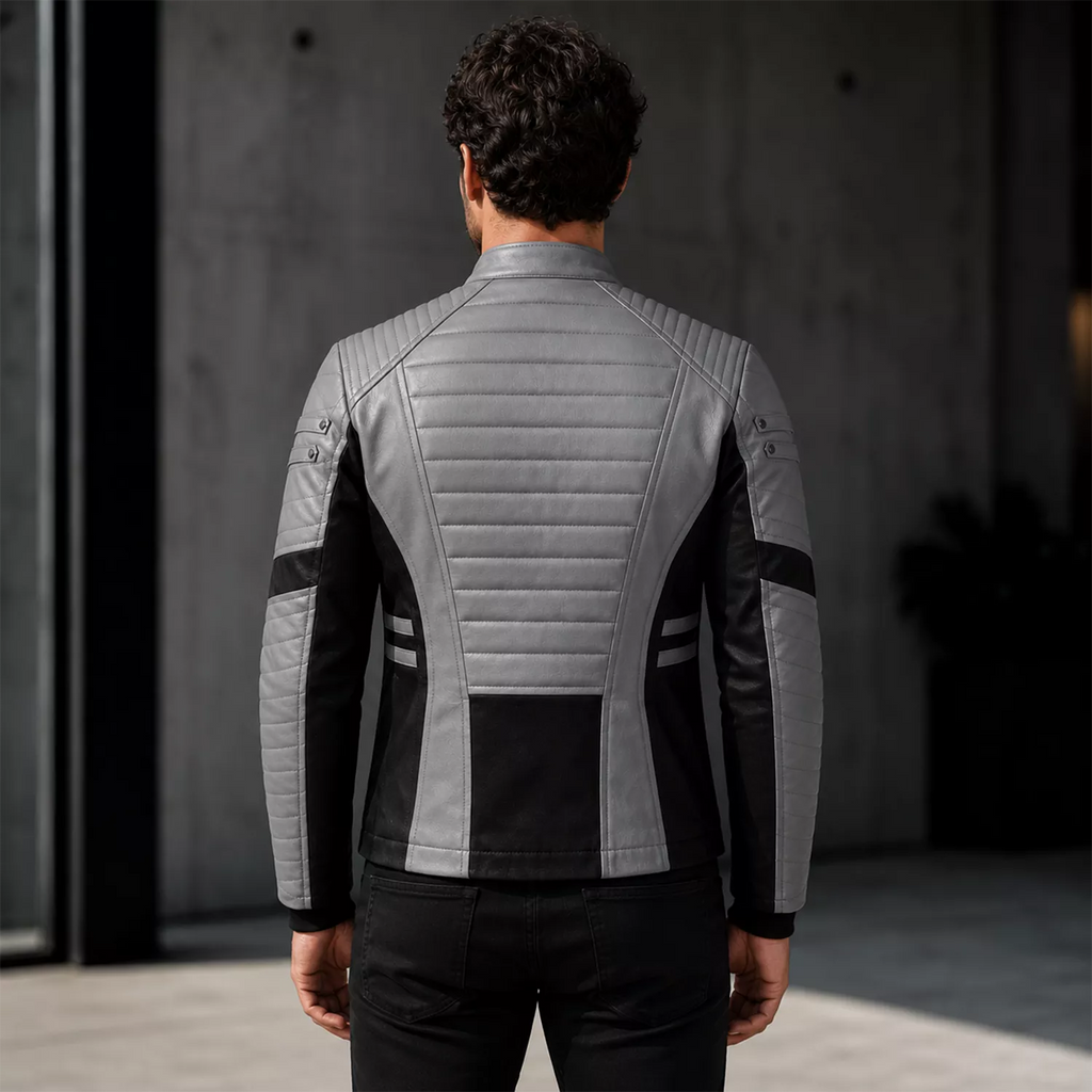 Men’s Grey Black Leather Moto Jacket | Zip-Up Biker Style Jacket