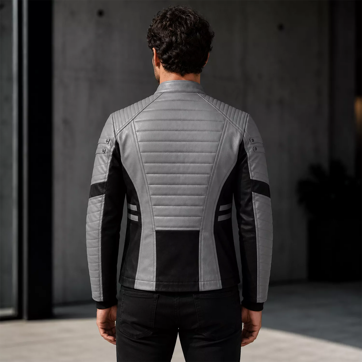 Men’s Grey Black Leather Moto Jacket | Zip-Up Biker Style Jacket