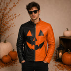 Men’s Halloween Leather Jacket | Black & Orange Pumpkin Face Zip Up Biker Jacket