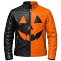 Men’s Halloween Leather Jacket | Black & Orange Pumpkin Face Zip Up Biker Jacket