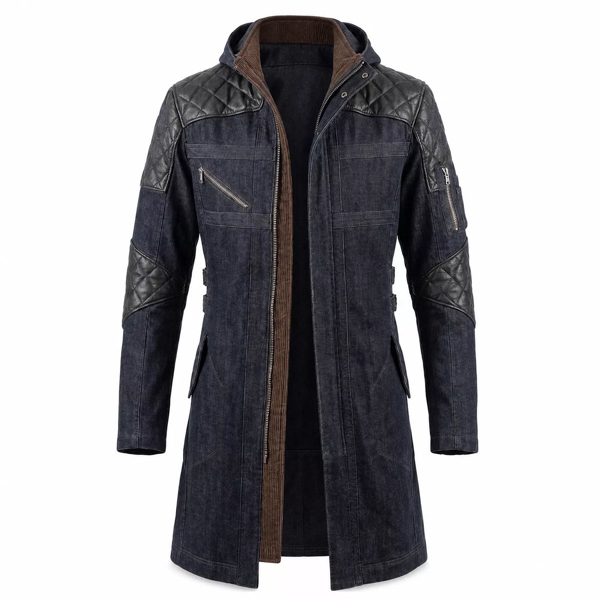 Movie Inspired Hooded Denim Trench Coat | Leather Panel Long Jacket