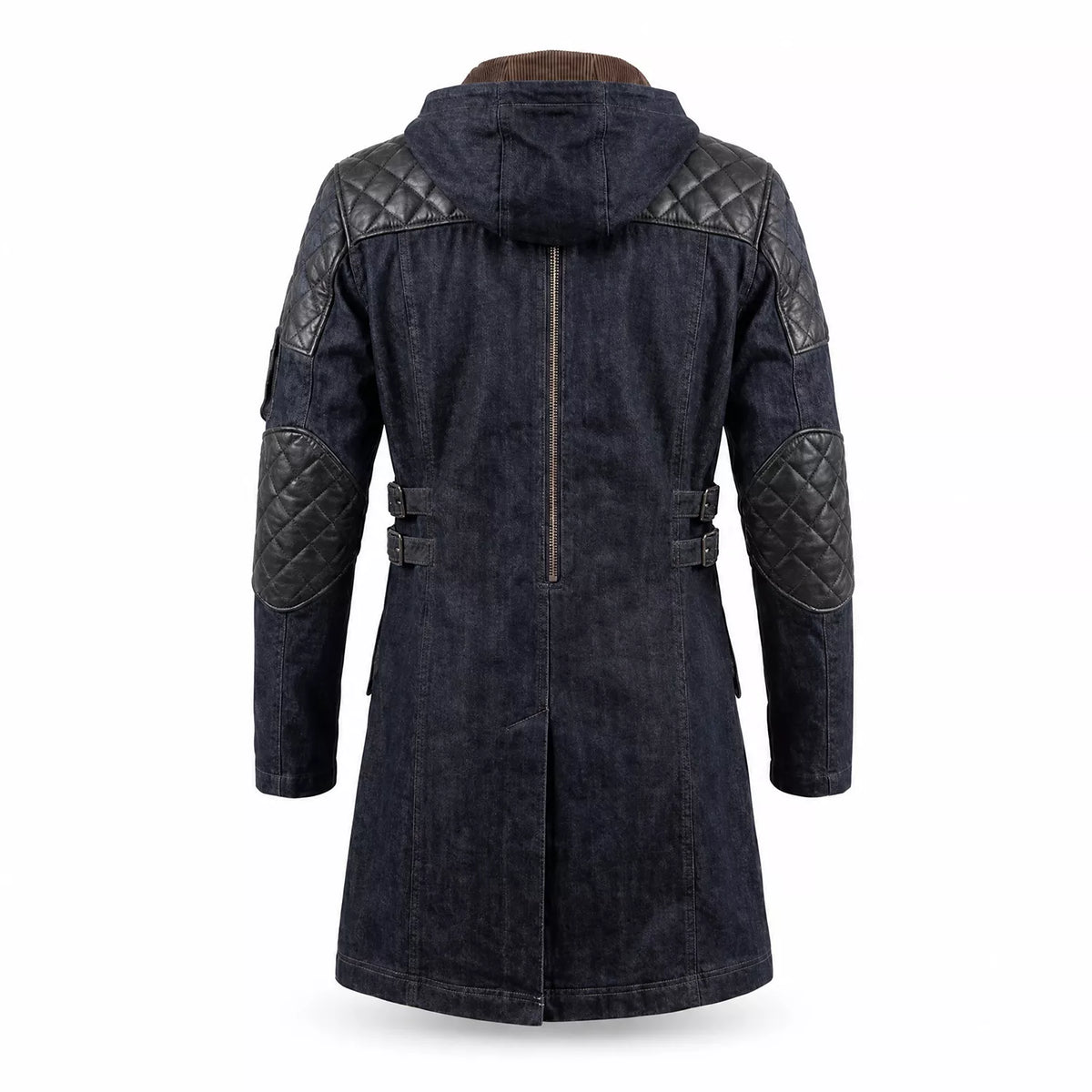 Movie Inspired Hooded Denim Trench Coat | Leather Panel Long Jacket