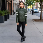 Men’s Olive Green Moto Leather Jacket  White Stripe Biker Jacket