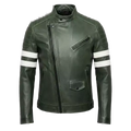 Men’s Olive Green Moto Leather Jacket  White Stripe Biker Jacket